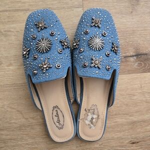 Blue Embellished Denim Slip-On Loafers